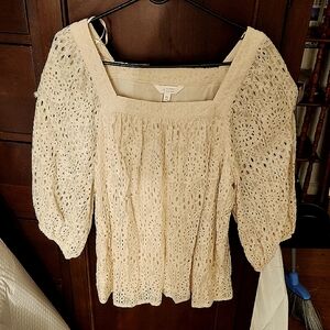 LC Lauren Conrad Cream Puff Sleeve Smocked Blouse